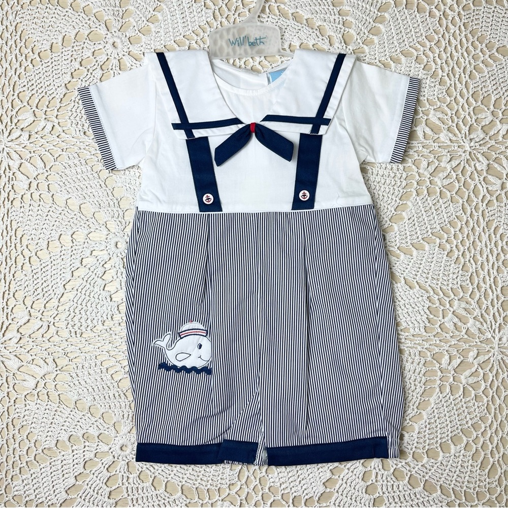 Will'beth Baby Boy 12 Months Navy Whale Bubble Romper Sailor Hat Outfit NWOT